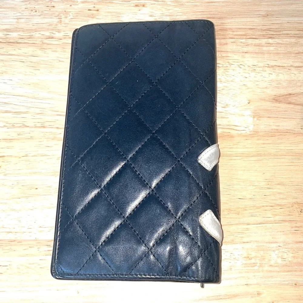 Authentic Chanel Cambon Lamb Leather Quilted Long Wallet Black White CC Luxury